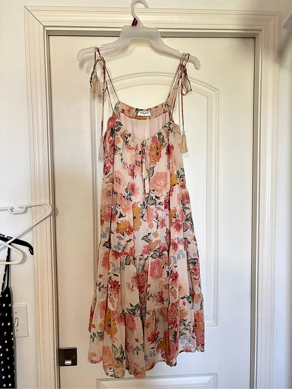 Storia Floral Tiered Midi Dress with Tie Shoulders Pink & White